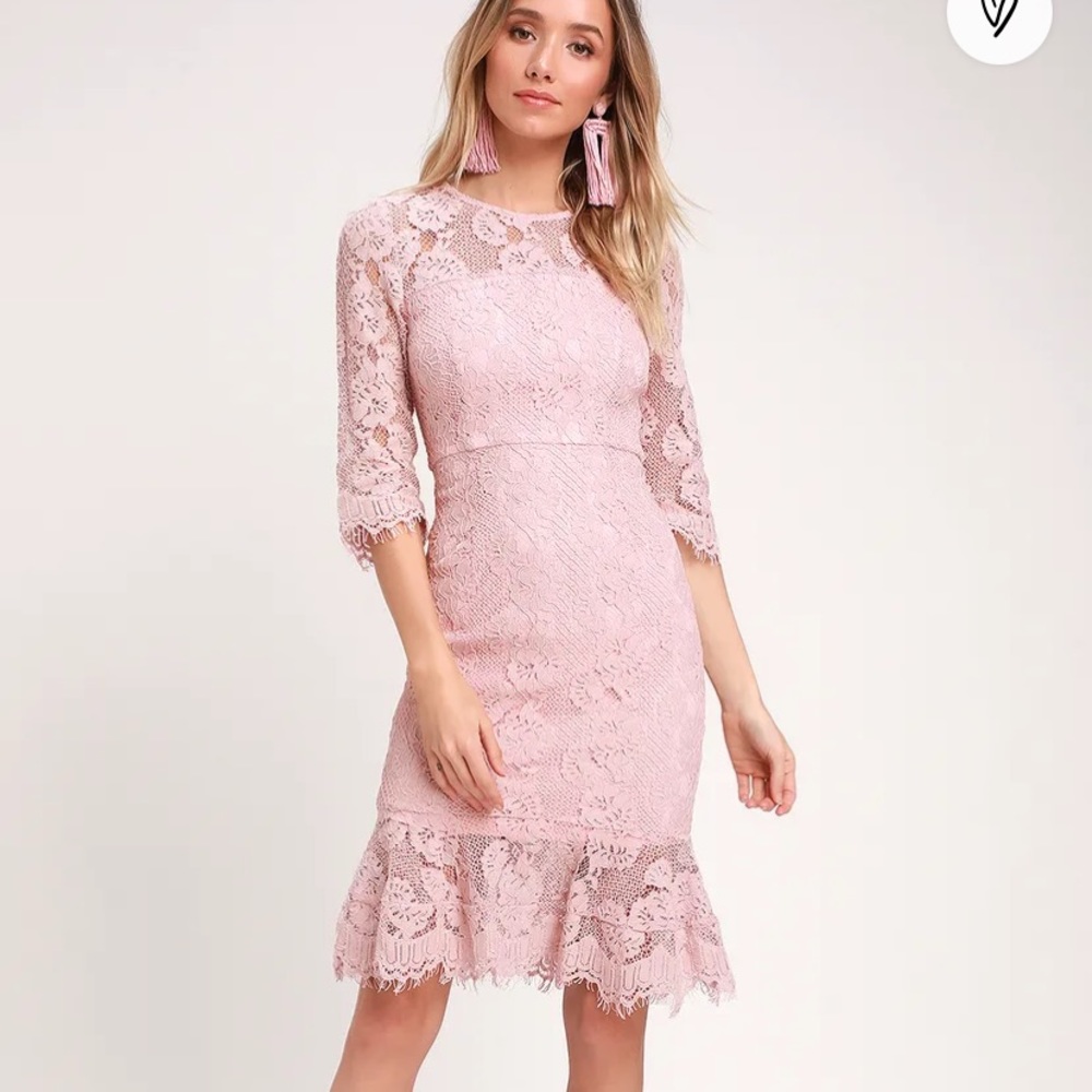 Lulus Blush Lace Bodycon Midi Dress wedding guest